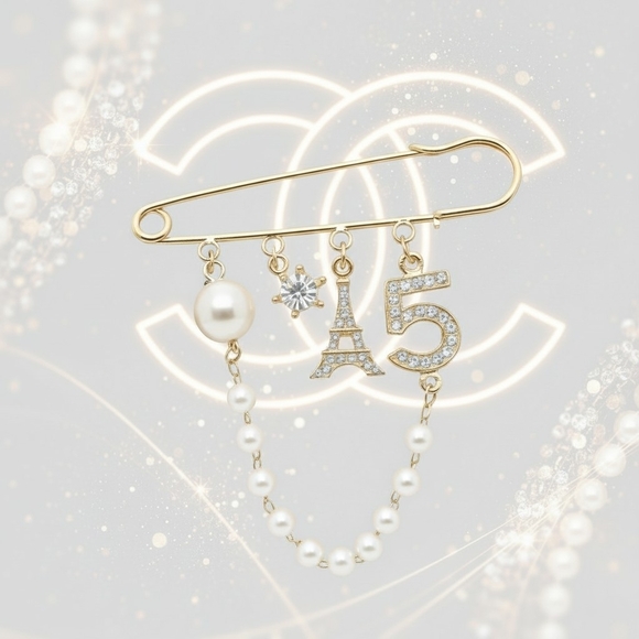 Gold Pearl & Crystal Eiffel '5' Charm Safety Pin Brooch - Picture 4 of 4